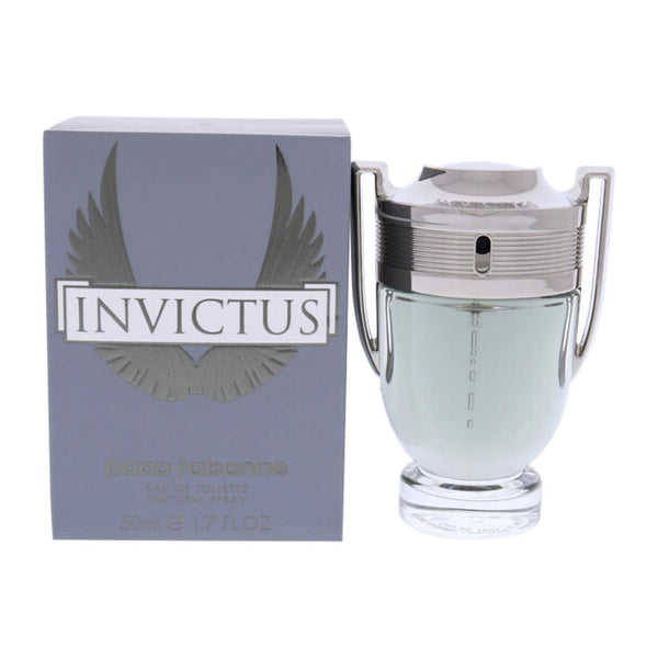 A 1.7oz bottle of Paco Rabanne Invictus Eau De Toilette for Men sits next to its sleek silver-grey box, featuring the signature Invictus logo and wings—a bold, masculine scent by Paco Rabanne.